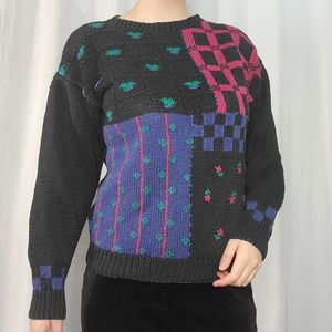 80s Woodstock Intl Knit Flowers Sweater, s/m